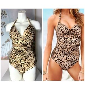 Victoria’s Secret Leopard Print Ruched Plunge One Piece Swimsuit Size Medium